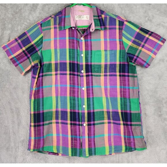 G&M Shirt Mens Large Multicolor Plaid Casual Preppy Button Up Short Sleeve - Picture 1 of 9